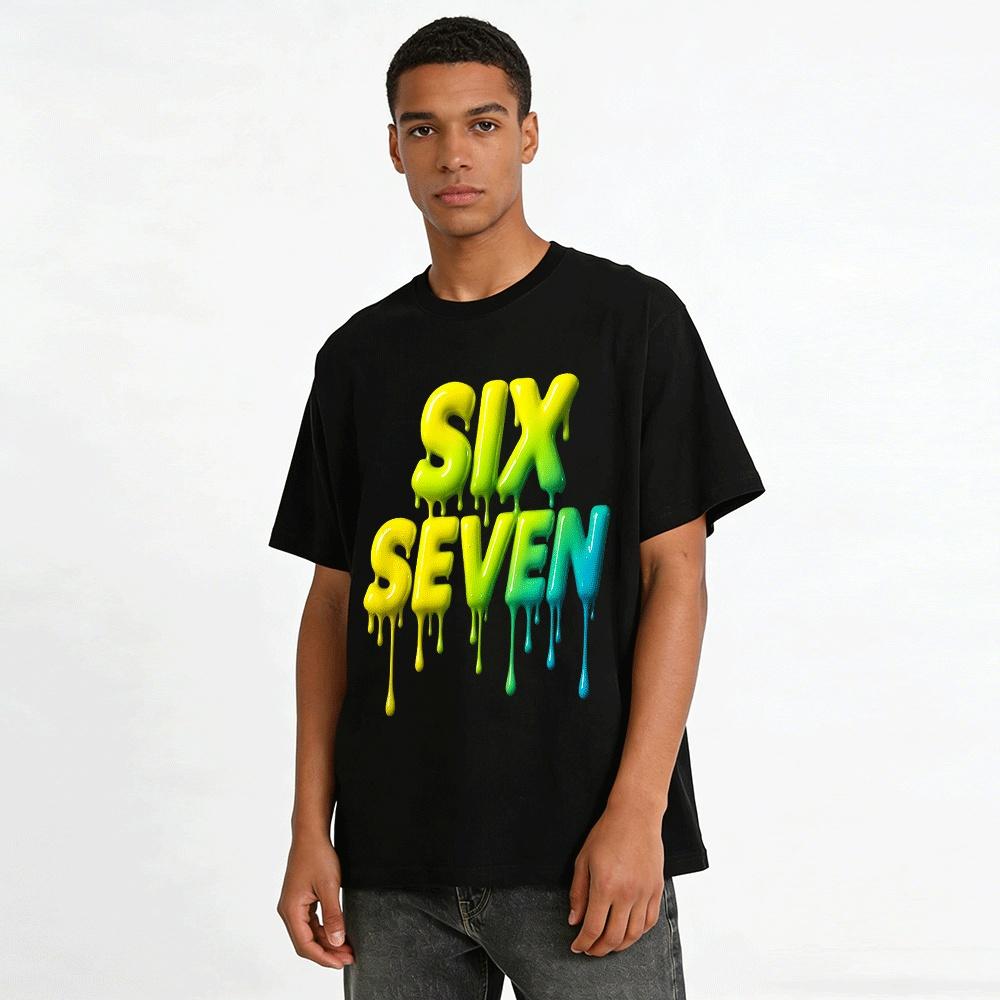Gradient Fluid Letter SIX SEVEN Street Style Casual Short Sleeve T-Shirt Pure cotton T-shirt
