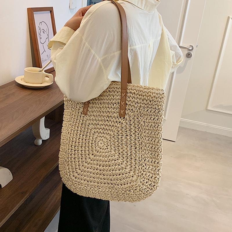 Yogodlns Summer Large Capacity Straw Shoulder Bag Rattan Beach Bags Woven Handle Bag