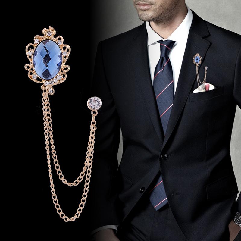 Fashion Tassel Chain Brooch Anti Discoloration Crystal Brooches Crown Gemstone Brooch Retro Shirt Collar Lapel Pins For Business