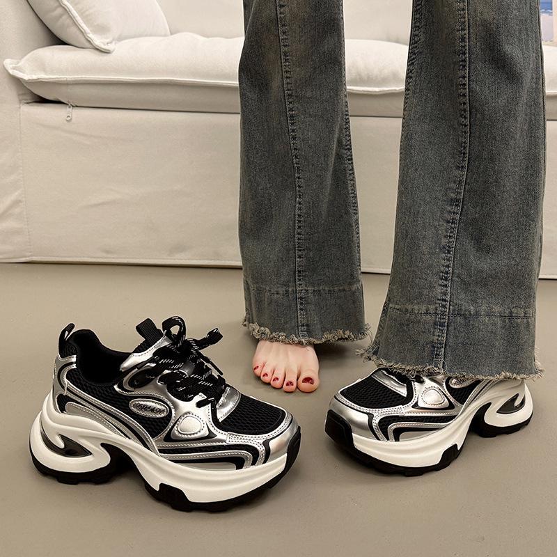 

Трендовые серебристые кроссовки на платформе 2025 года для женщин - Летняя спортивная обувь, увеличивающая рост Size 40 чёрный
