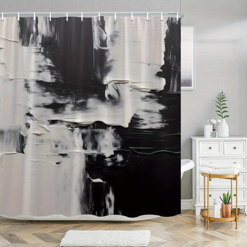 1Pc Abstract Brushstroke Art Shower Curtain - Modern Minimalist Black And White Texture, 70.8X70.8In, 12 Hooks, Contemporary Sty
