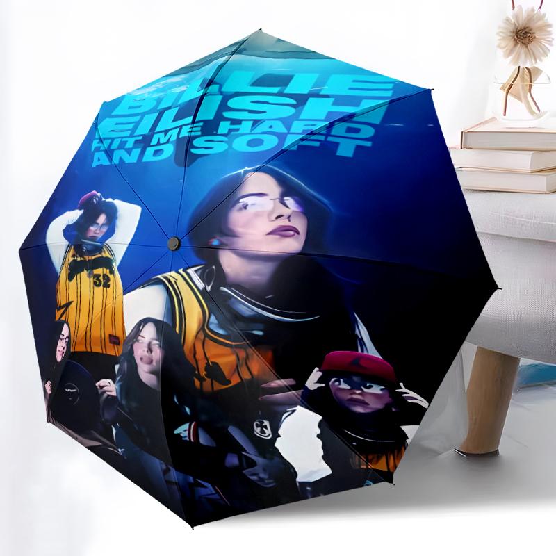 Singer Billie Eilish1 Print Automatic Umbrella, 8 Rib Iron Frame, Plastic Handle, Suitable for Outdoor Travel &Daily , Ideal Gift