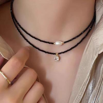 Schwarzer Spinell Perlen Schlüsselbein Kette Einfache Retro Halskette Damen Leichter Luxus Nische Perlen Choker Halskette Zubehör