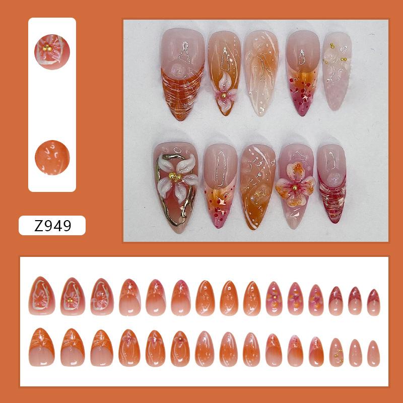 Nail art patch removable nail simple French flower fake nail wearing nail three-dimensional gold bead diamond 30 pieces