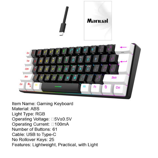Wired Mechanical Gaming Keyboard RGB Light Design 61 Keys Compact Design Lightweight Computer Keyboard