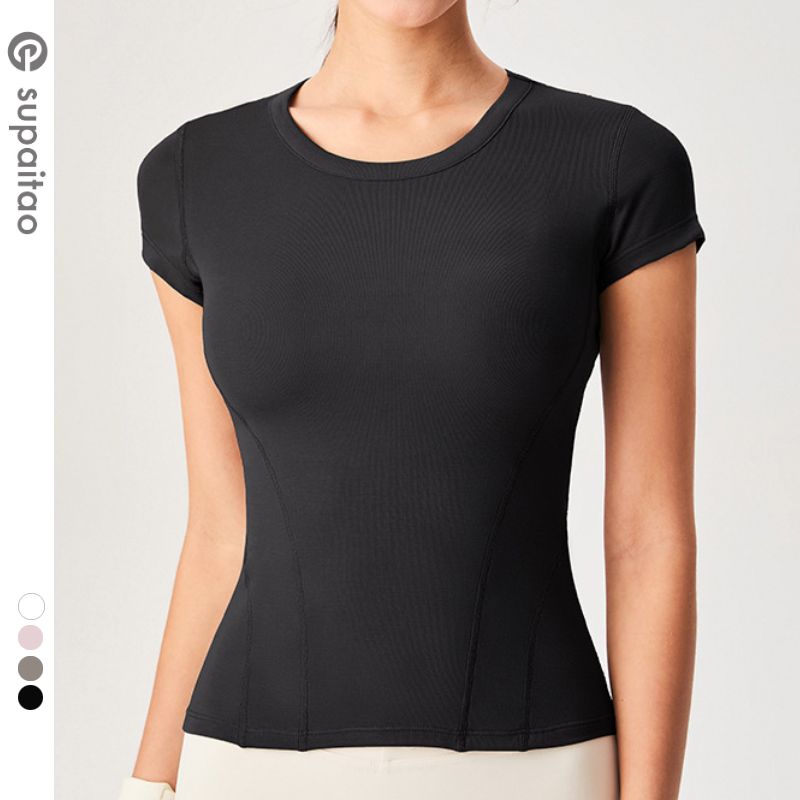 

Supeitao Sports Short Sleeve Yoga Suit Tops Silm Slim Looking Sports T-Shirt Pilates Running Wait Lifting Workout Clothes Black L