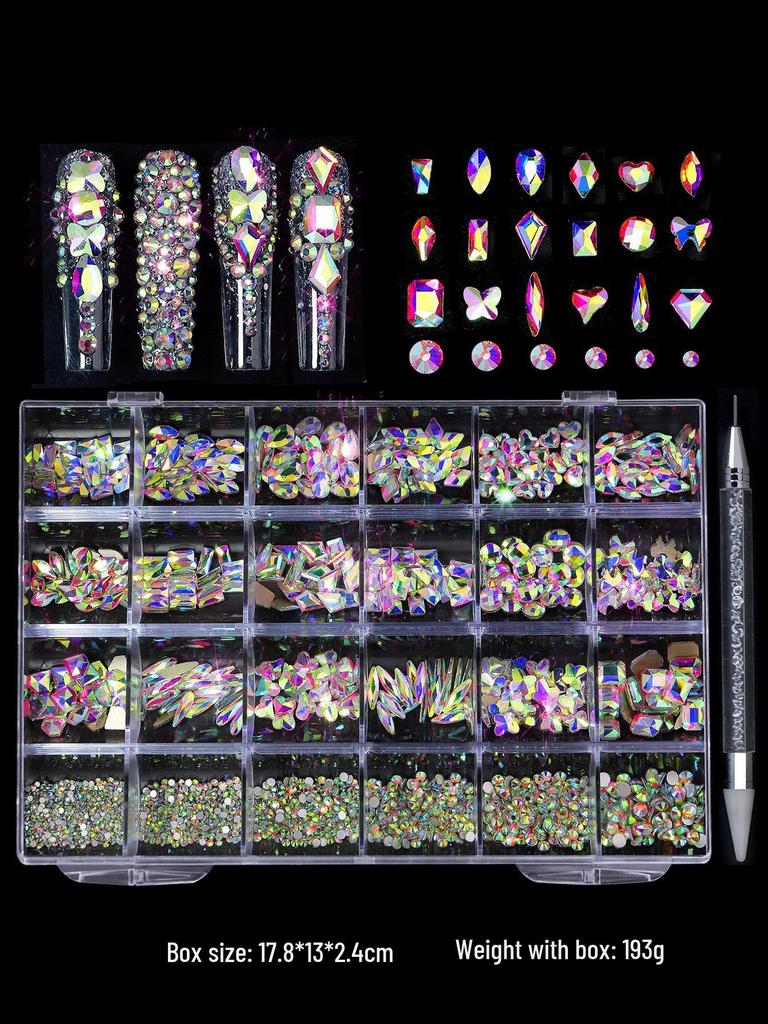 Iridescent Nail Art Rhinestone Set: 24 Grids of Mixed Super Sparkle Flat-Back Rhinestones in Special Shapes with Box Packaging.