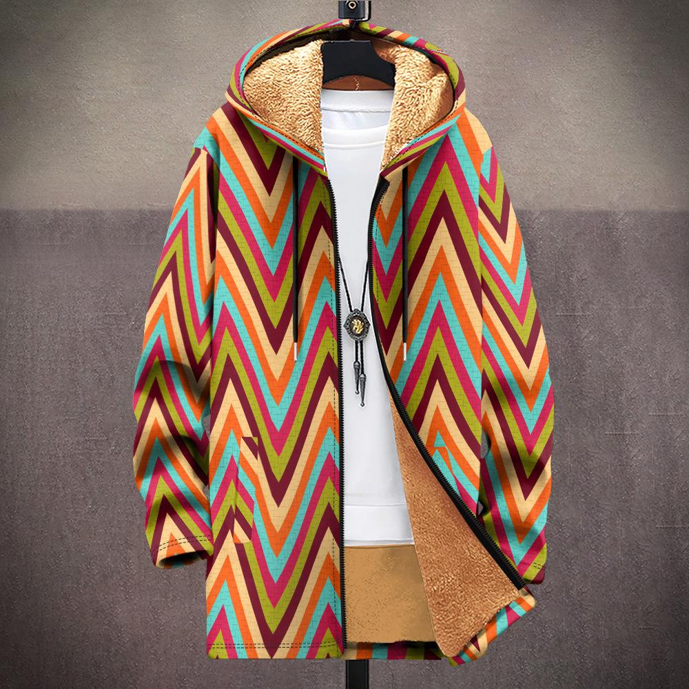 New jacket: multi-colored pattern elements, zipper hooded cardigan, thickened winter fleece padded clothes, yellow lining, trendy cotton clothes