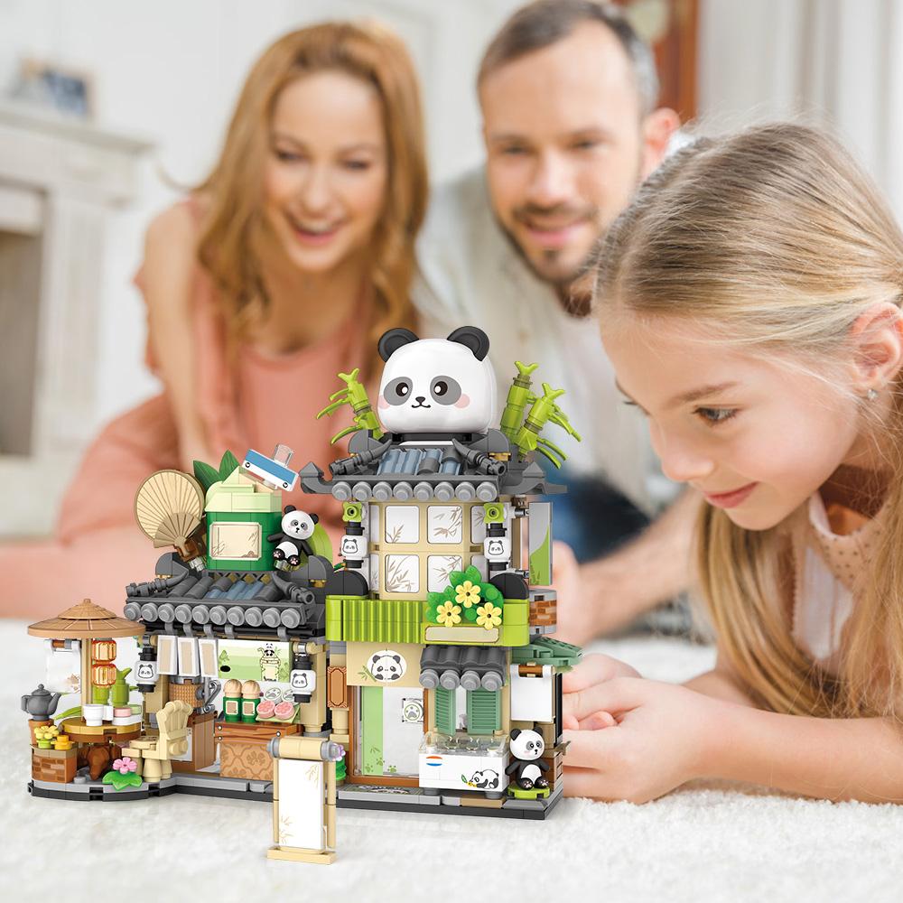 City Tea House Building Blocks Set Mini Bricks Openable Panda Construction Tea Shop Building Toys for Gift for Kids Adults