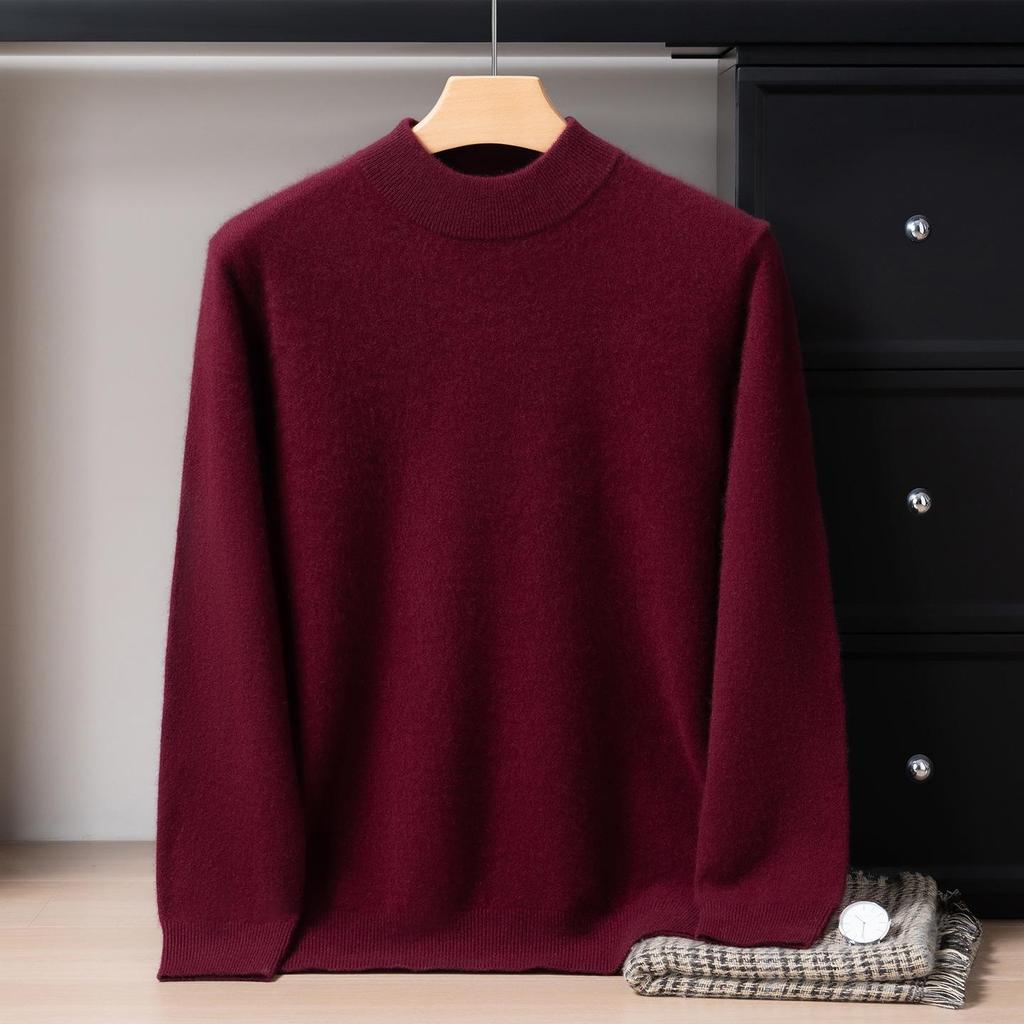 Men's 12-Gauge Double-Layer Cashmere Sweater, Half-High Collar, Long-Sleeve, Business Casual, Warm Knitted Base Layer
