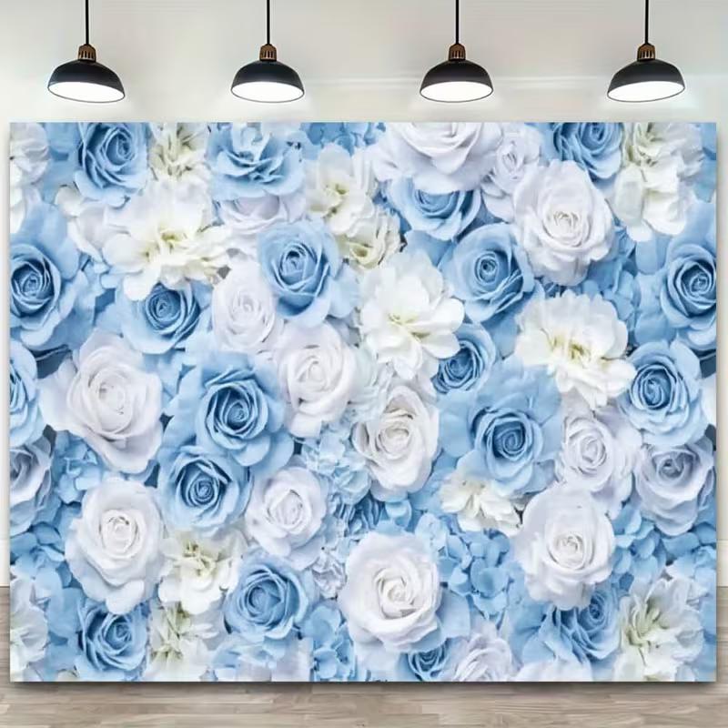 2D Florale Wandkulisse, Blau-Weißer Rosenhintergrund für Junggesellinnenabschiedsparty