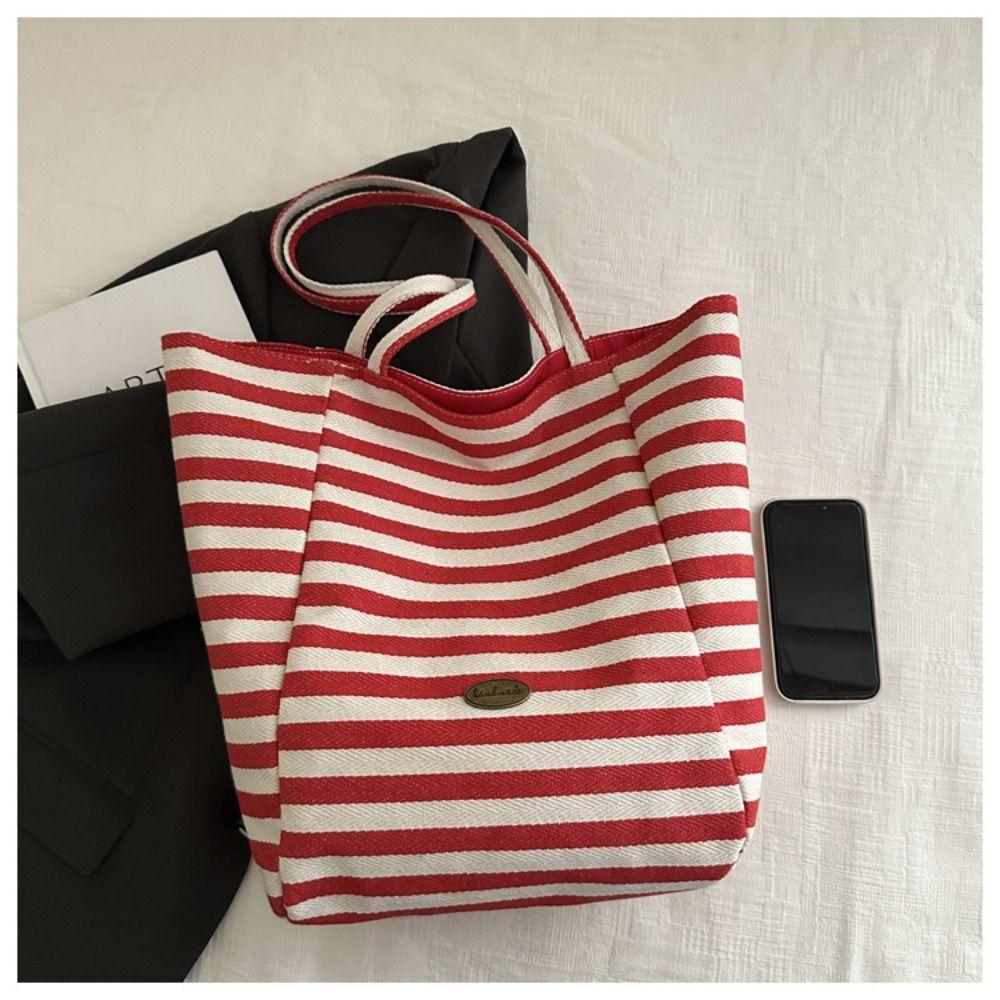 Letter Stripe Canvas Bag Striped Tote Bag Simple Cloth Shoulder Bag  Girls
