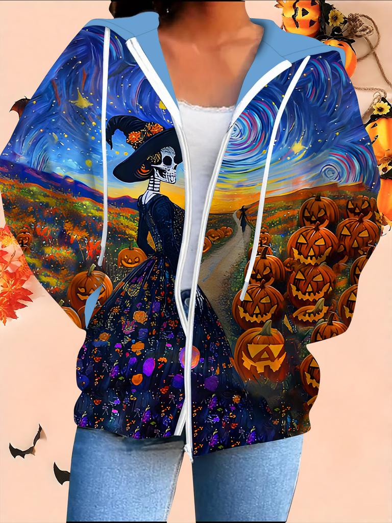 Halloween 3D Printed Hooded Cardigan Plus Size Autumn Winter Retro