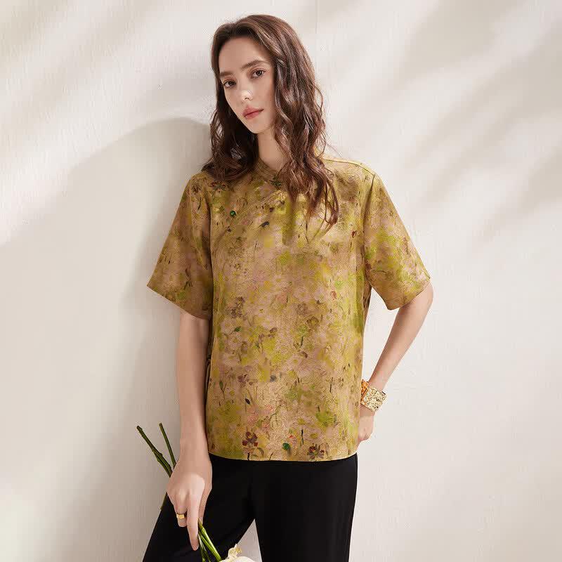 Zhaojun New Chinese Style Mulberry Silk Jacquard Short Sleeve Top