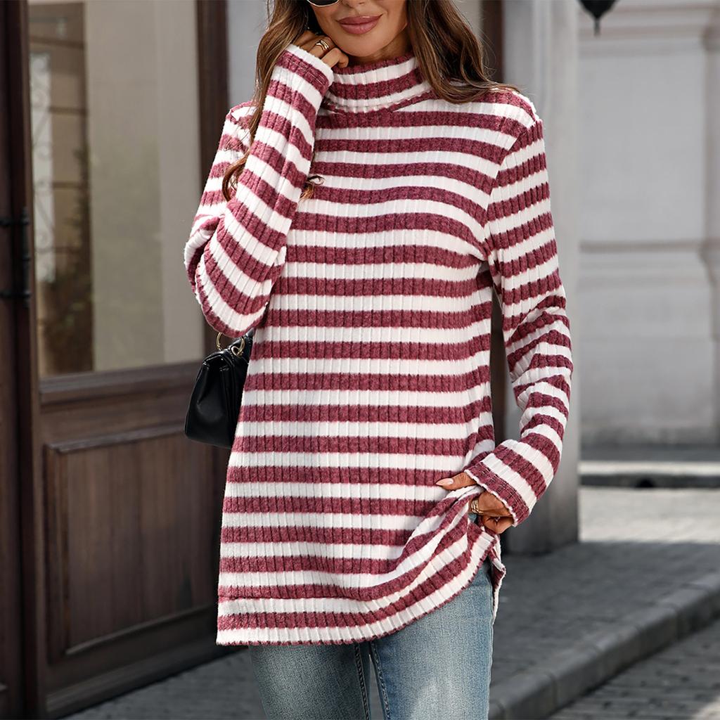 Women's Fashion Casual Striped High Neck Loose Long Sleeve Casual Pullover Top