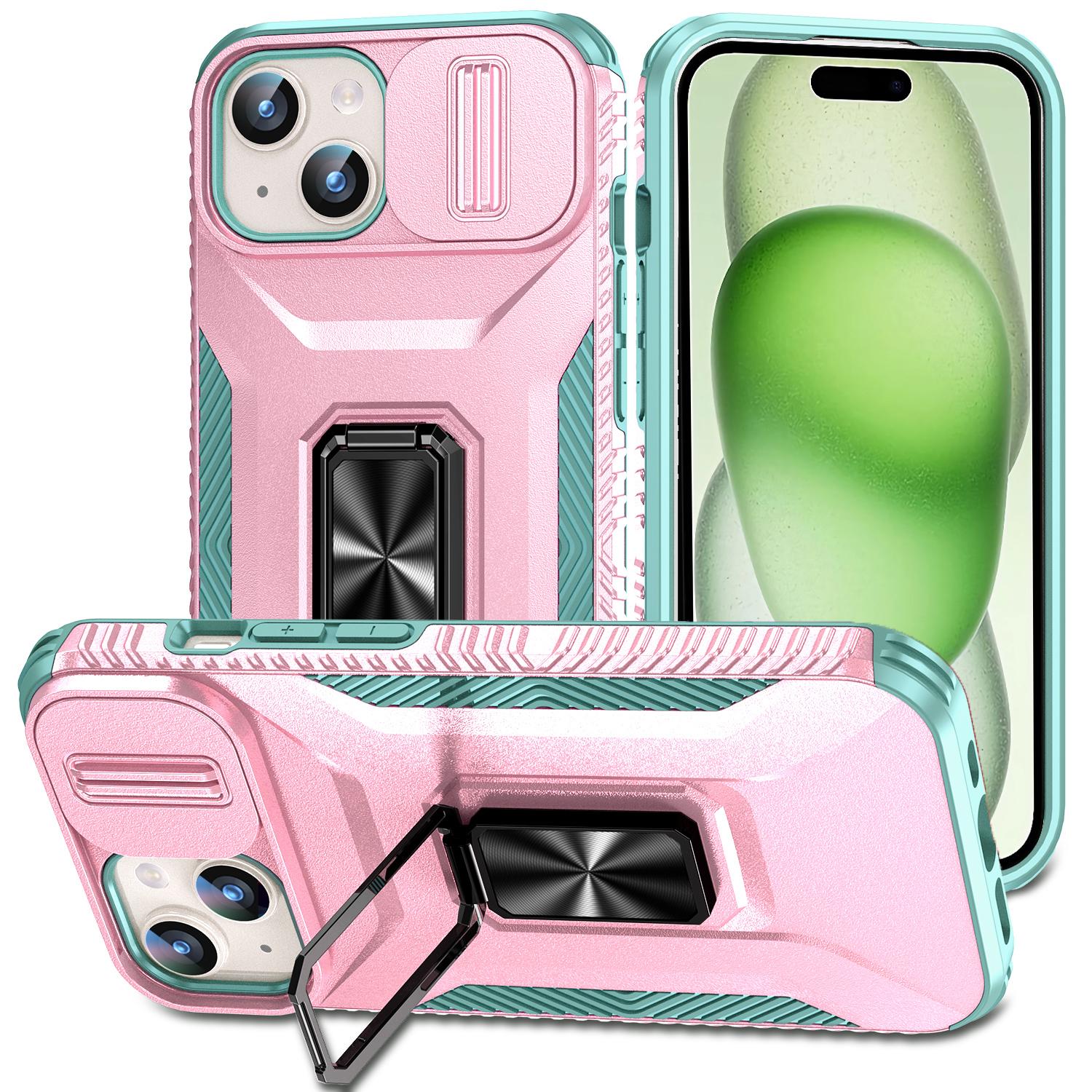 

For iPhone 15 Case Camshield Kickstand TPU+PC Anti-Slip Phone Cover Pink Grey Green