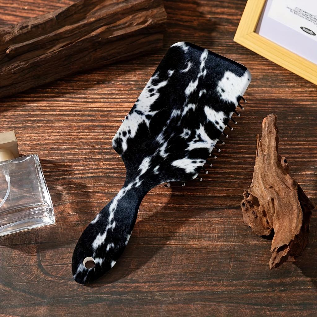 1pc Cow Print Air Cushion Comb for Girls - Large Anti-Knot Detangling Hair Brush with Cowhide-like Cow Spot Pattern, Nylon Bristles & Air Cushion