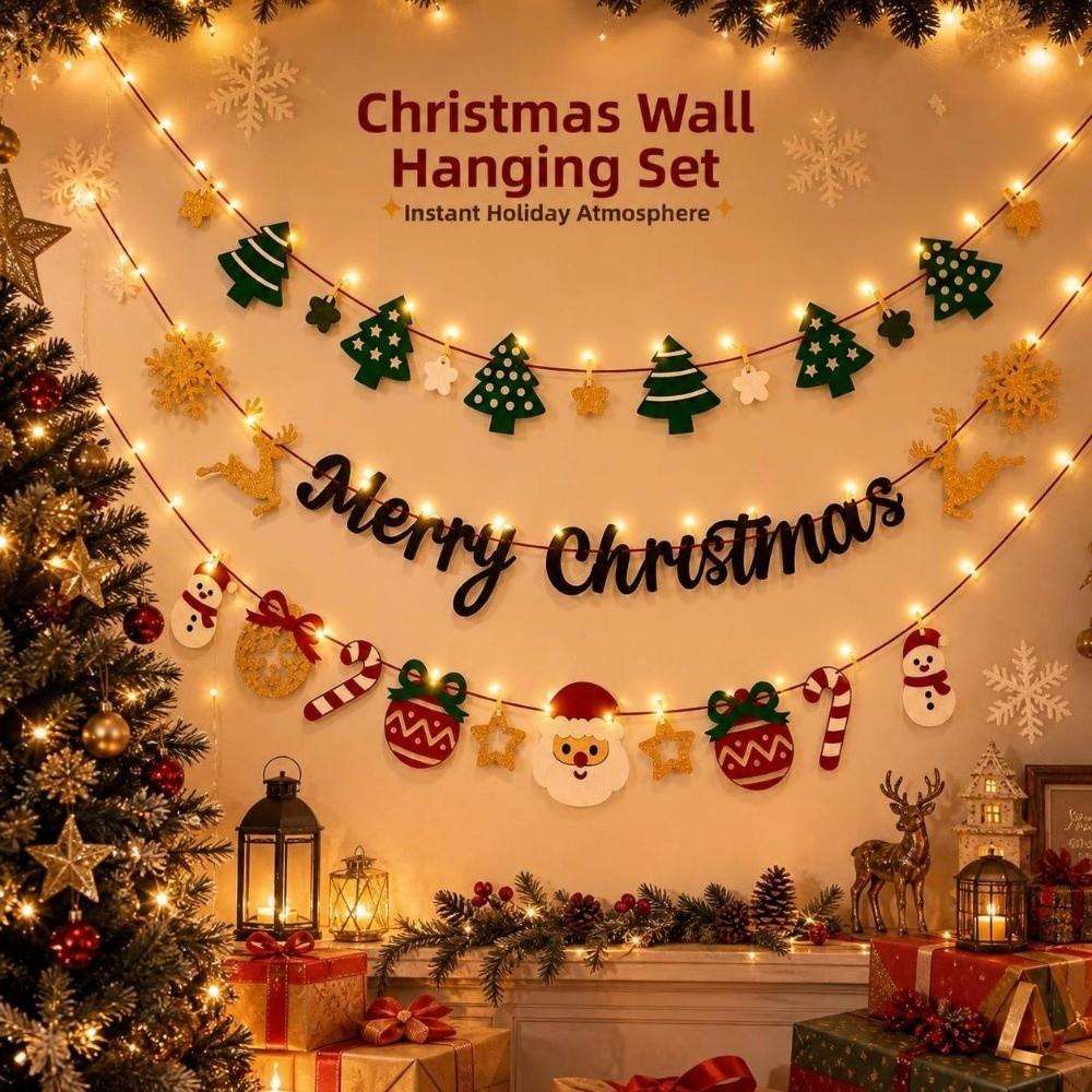 Warm Light Wall Hanging Banner Cartoon DIY Pull Flag Christmas Luminous Banner  Christmas Party