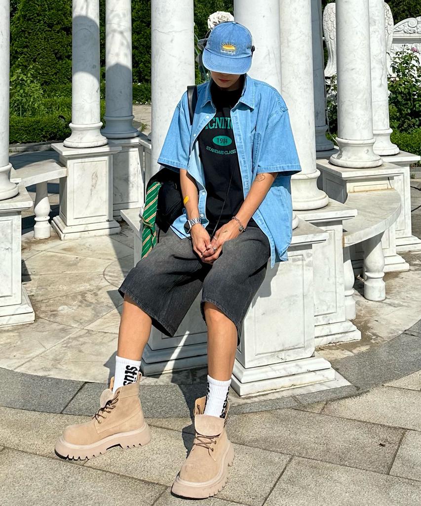 BLOND9 [Set] Pocket Half Denim Shirt + Bermuda Shorts Set