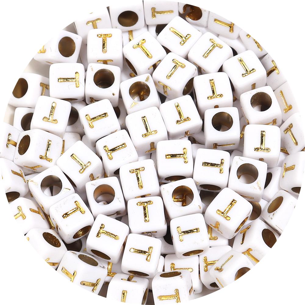 100pcs A-Z Acrylic Letter Square Beads Gold Color 6mm Large Hole Loose Bead for DIY Bracelet Necklace Jewelry Beaded Accessories