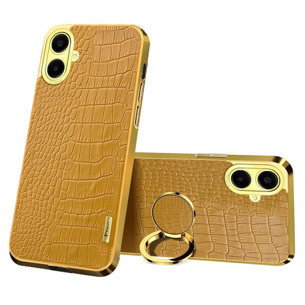 

For Samsung Galaxy A06 4G Case Finger Ring Kickstand TPU+Leather 6D Electroplating Phone Cover Yellow