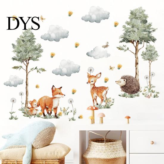 Gentle Healing Style Wall Decor Watercolor Forest Animals Stickers, Cute Fox Deer Hedgehog PVC Waterproof Decals, Low Saturation Cartoon Stickers Peel