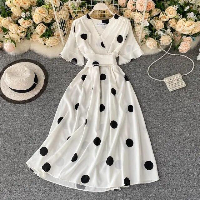 Moda Polka Dot Baskılı Kadın Elbise Yaz Zarif Vintage Bandaj İnce Bel Büyük Salıncak Uzun Parti Elbisesi