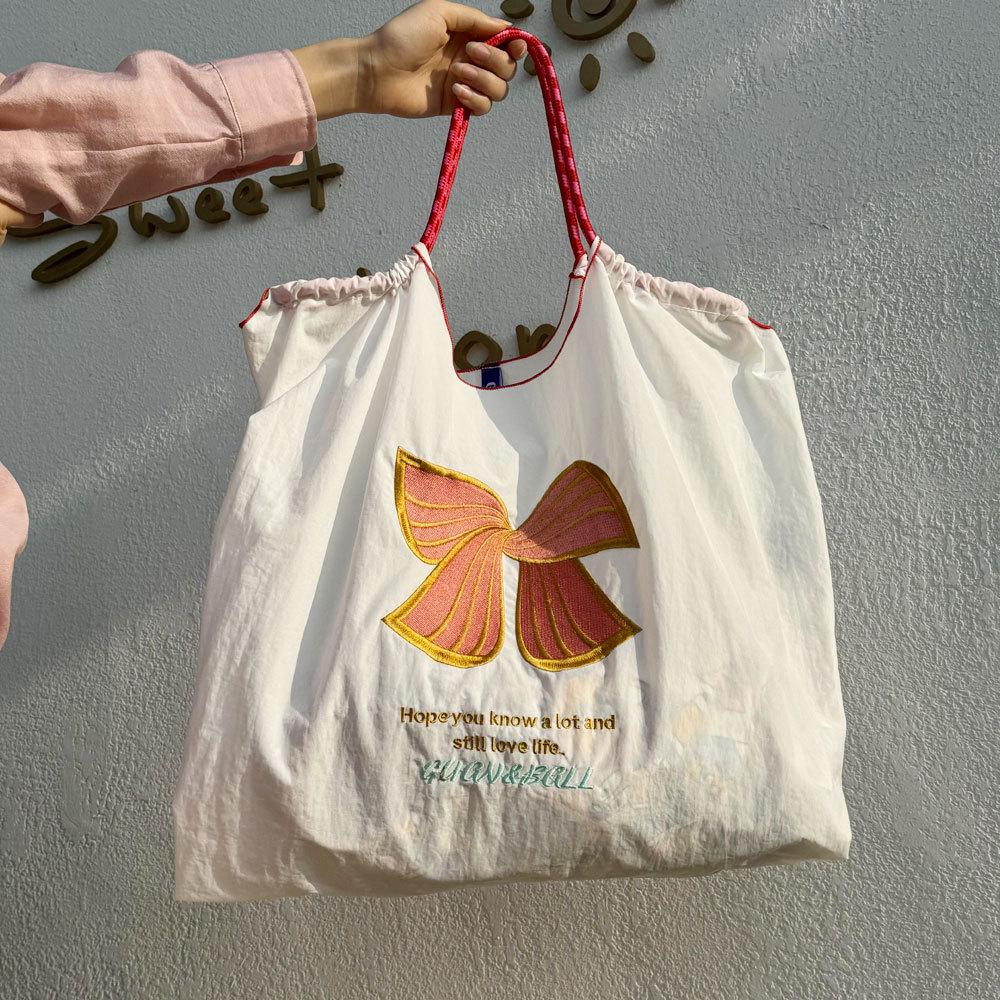 Japanese Style Handmade Waterproof Nylon Canvas Bag with Embroidered Patterns, Large Capacity