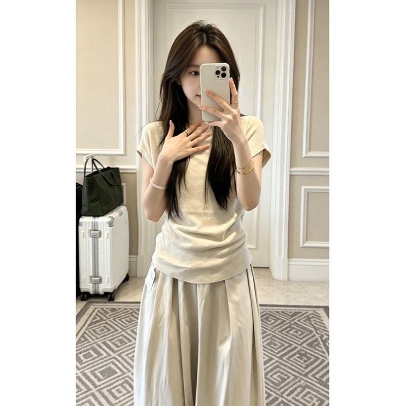 Korean Lazy Style Crew Neck Front Shoulder Short Sleeve Shirt Top High Waist Wide Leg Casual Pants Two-piece Set