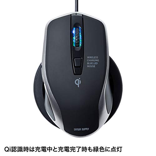 Sanwa Supply Wireless Charging Mouse Qi Compatible Blue LED 5 Buttons Large Black MA-WBL157BK