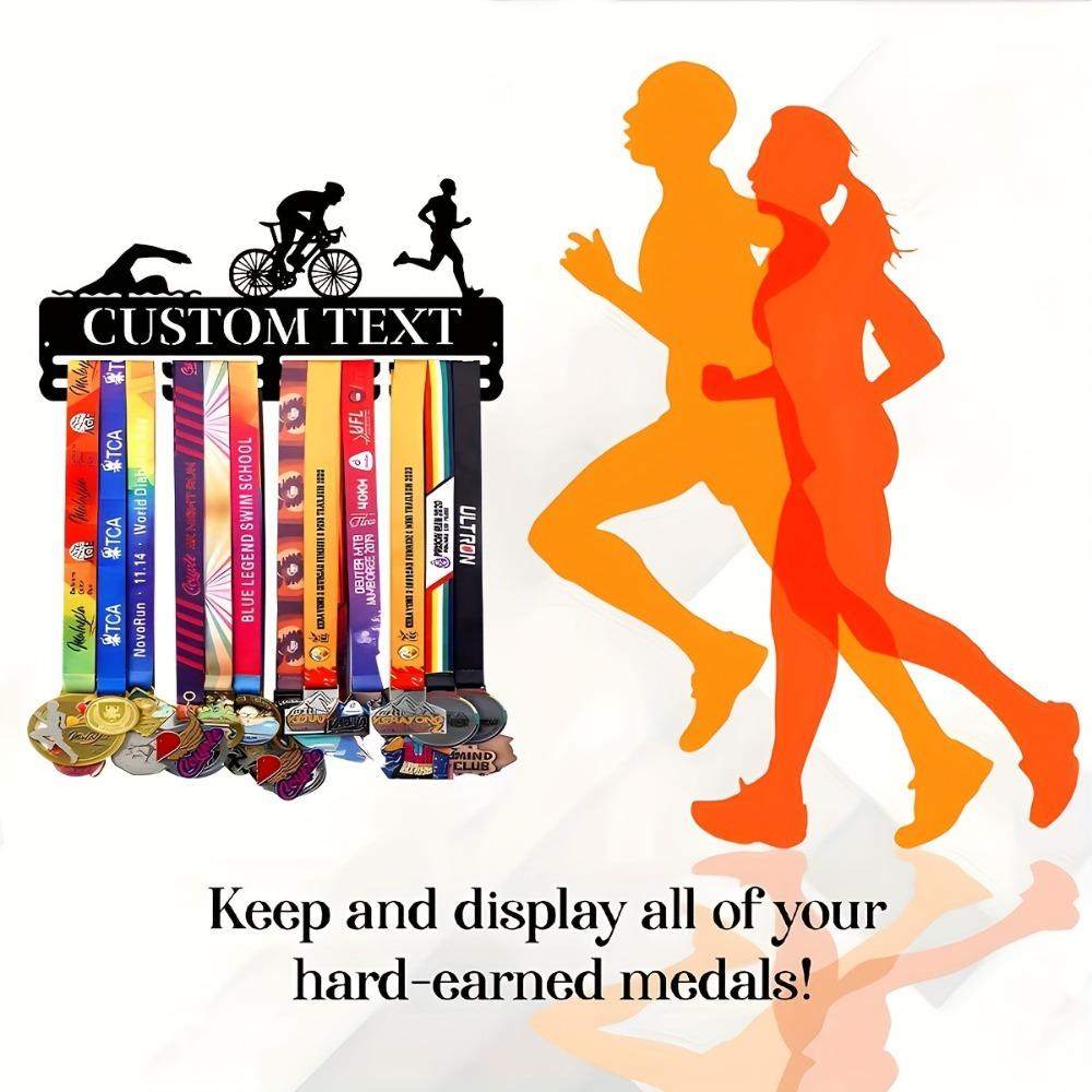 Vintage Custom Metal Medal Rack, Personalized Triathlon Trophy Display, Rustic Wall Decor & Nameplate with Hooks