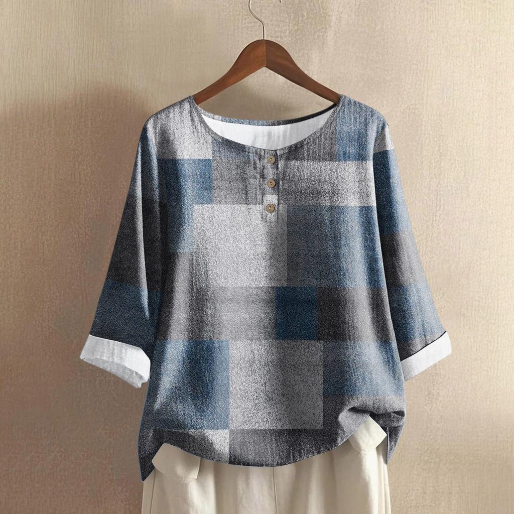 Women's Casual Three-quarter Sleeve Round Neck Gradient Color Printed Cotton And Linen Top