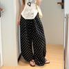 Women's Breathable Linen Polka Dot Banana Pants Summer Casual Trousers Elastic Waist Drawstring Wide-Leg Pants