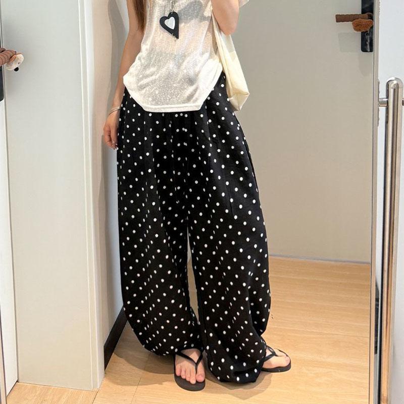 Women's Breathable Linen Polka Dot Banana Pants Summer Casual Trousers Elastic Waist Drawstring Wide-Leg Pants