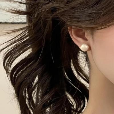 Square Off-White Pearl Stud Earrings - 925 Silver Needle, Light Luxury & Versatile