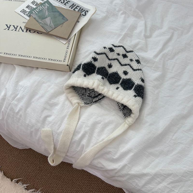 

2025 Autumn/Winter Vintage Wool Fair Isle Ear Flap Beanie & Balaclava for Women чёрный