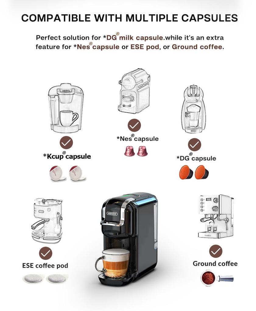 HiBREW H2B 5 in 1 Mehrfach-Kapsel-Kaffeemaschine Heiß-/Kaltkaffeemaschine 19 Bar Druckextraktion