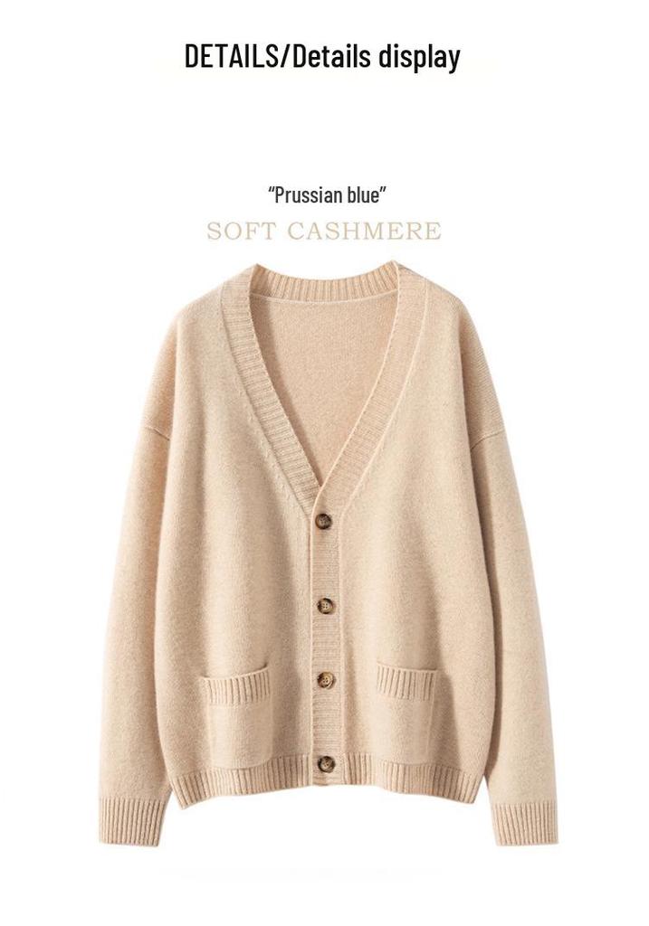 Women's Minimalist V-Neck Cashmere Cardigan - Buttoned, Thick, Wool Sweater Coat