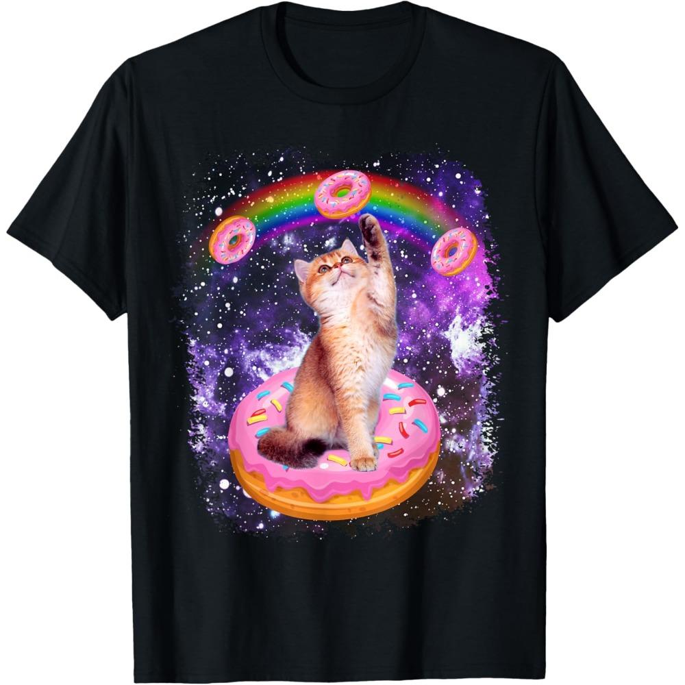 Space Cat Riding Donut Rainbow Galaxy Kitty Graphic T-Shirt Soft Round Neck Tee Women Clothing Fashion Summer Streetwear Y2K Top M