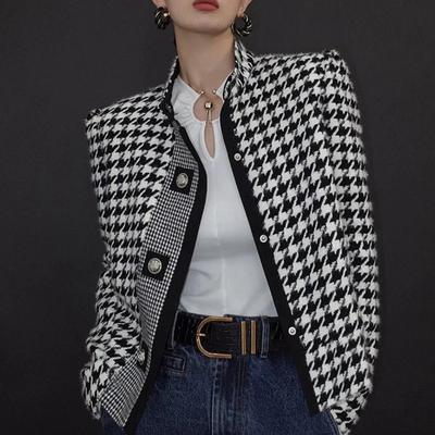 Women's Classics Houndstooth Jacket Stand Collar Long Sleeves Winter Fall Clothes Women Casual Coat Outerwears