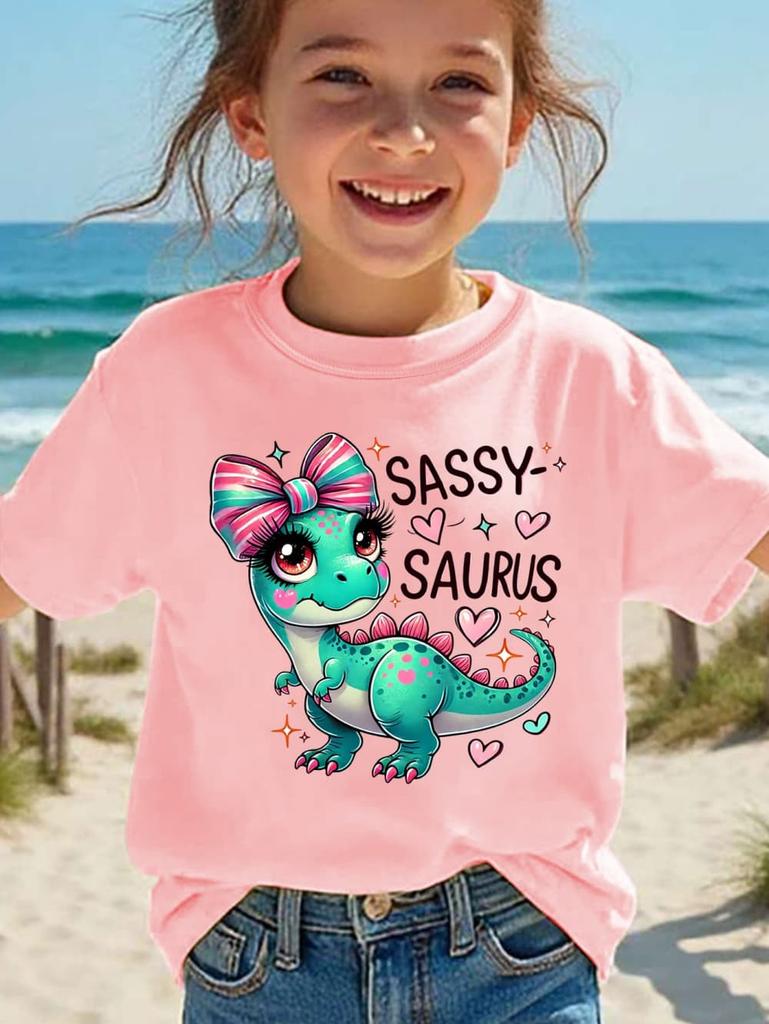 Girls' Kawaii Cartoon Dinosaur Graphic T-Shirt Cute Pink Bow Hearts Print T-Shirt Kids Short Sleeve Tee Y2k Children's Clothing