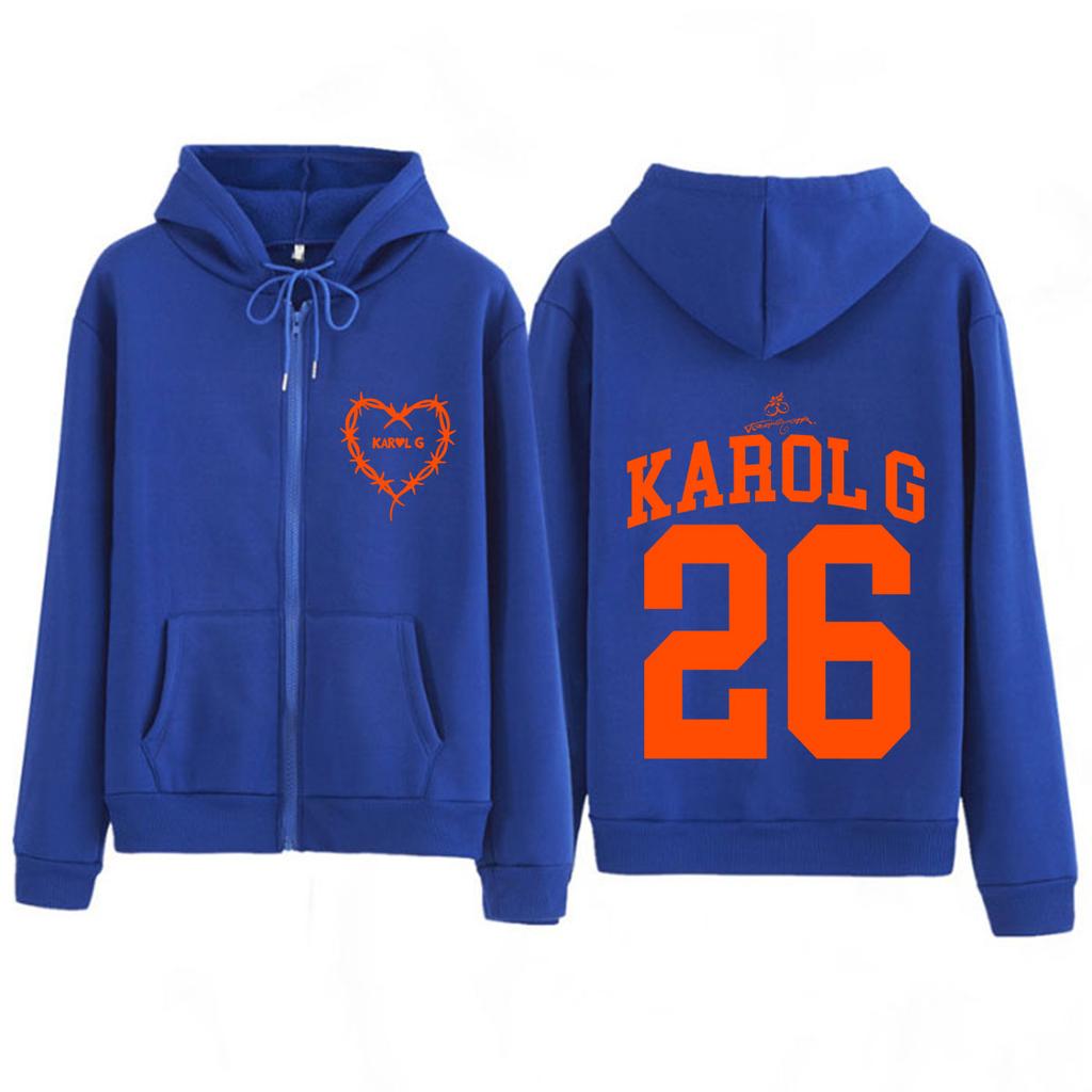 Karol G Tropicoqueta Tour Album Print Zip Up Hoodie Men Women Fashion Winter Long Sleeves Sweatshirts
