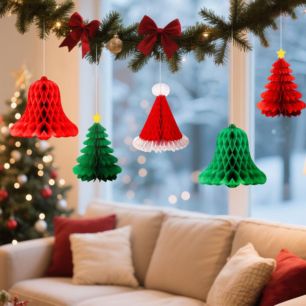 Honeycomb Christmas Ornaments, Christmas Tree Bells, Santa Hats, Paper Hanging Garlands