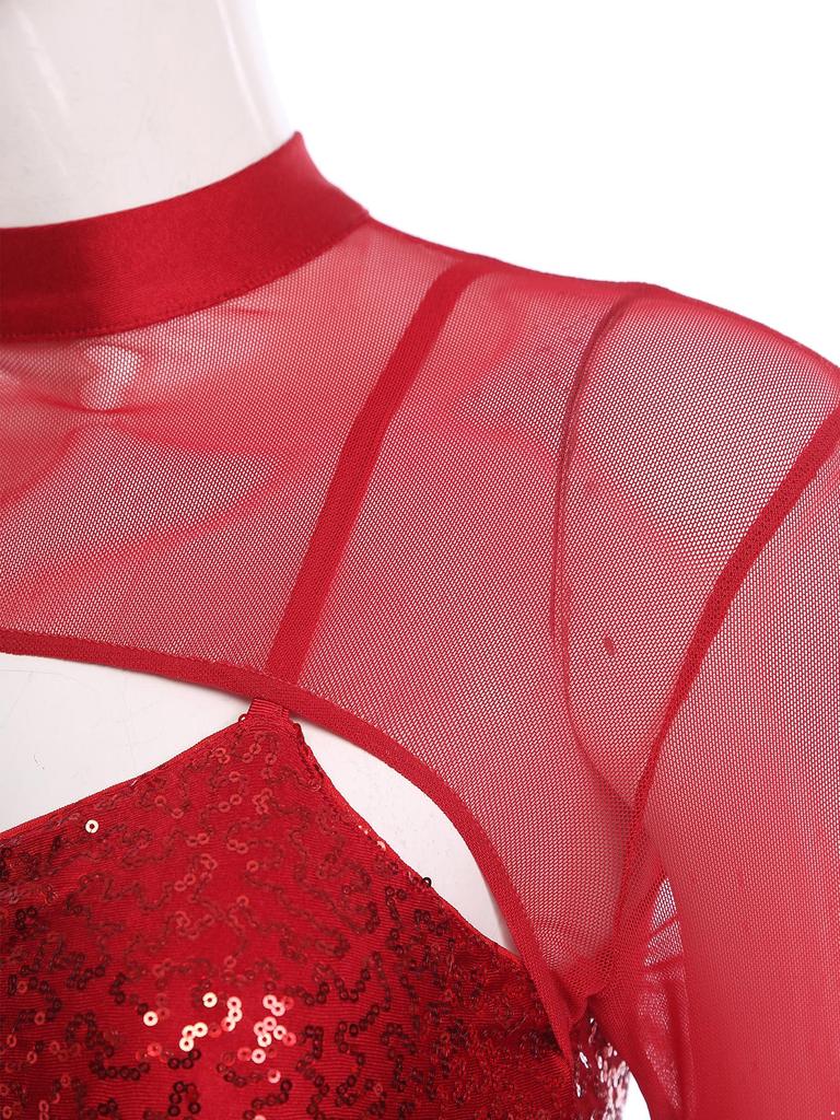 Ladies Sequin Long Sleeve Lyrical Dance Dress Mesh Tulle Flowy Maxi Long Dress Built In Briefs Performance Wear