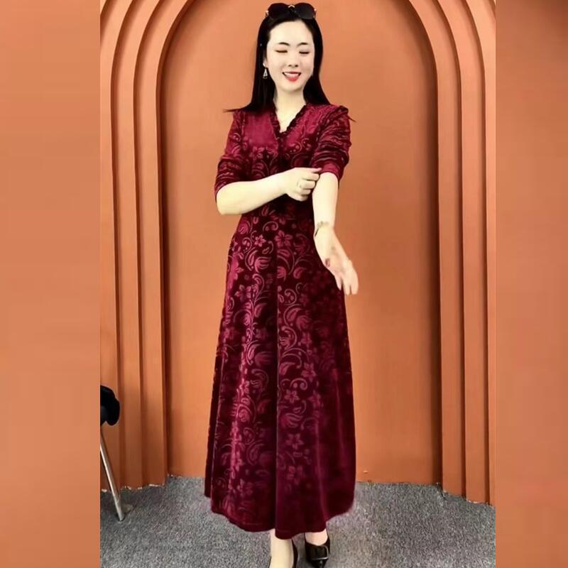 Women's Plus Size Printed Velvet Dress Autumn Loose V-neck A-line Long Casual Dress