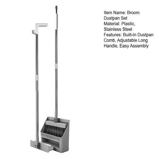 3-in-1 Broom Dustpan Set with Built-in Comb Teeth Long Handle Adjustable Extension Poles Retractable Floor Brush