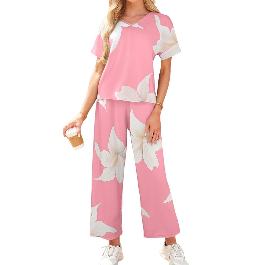 Women's Casual Vacation V-Neck Sleeve Top And Trousers Fashion Print Two Piece Set