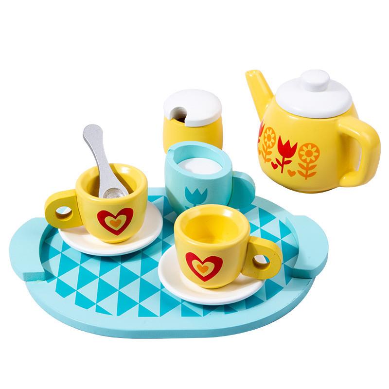 

Wooden Shaped Heart Flower Checkered Pattern Afternoon Tea Set Children Toy