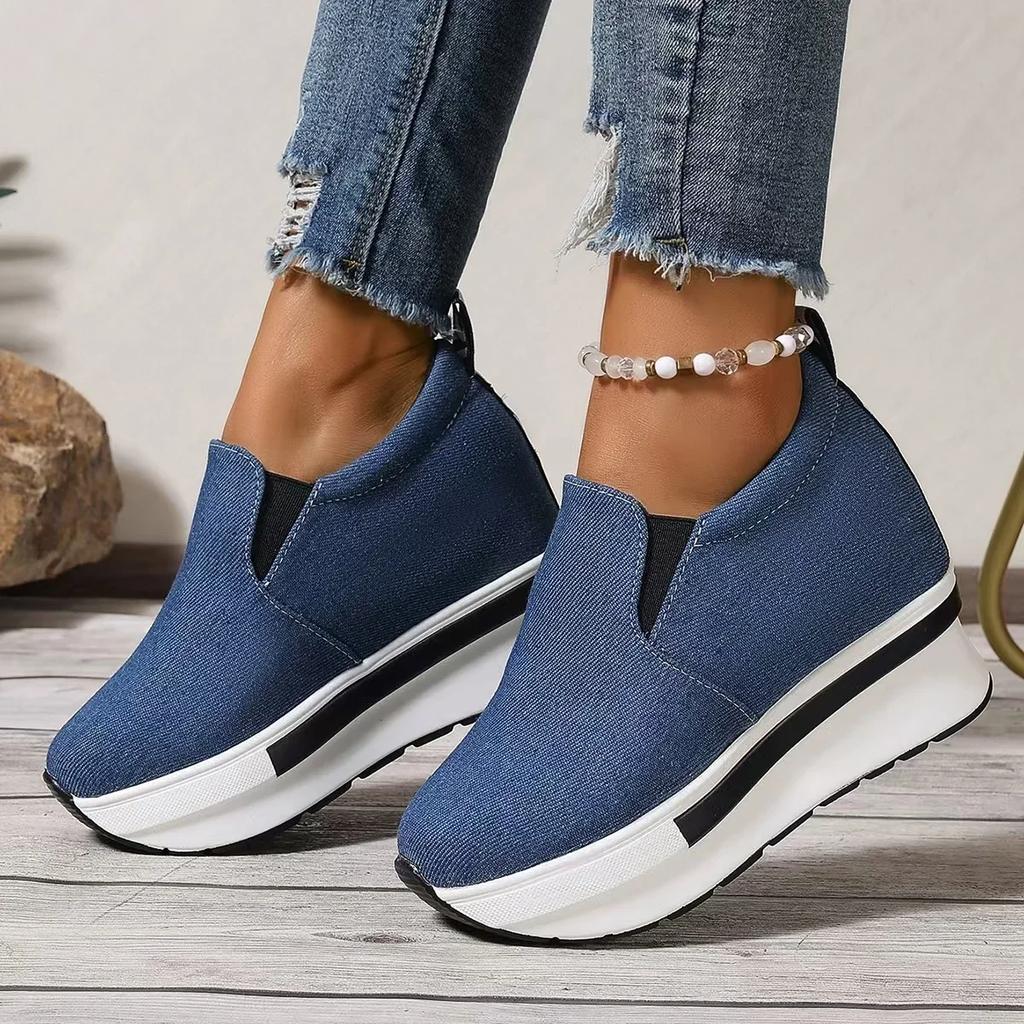 Fashion Women's Height Increasing Wedges Shoes Lightweight Slip On Platform Sneakers Women Thick Sole Denim Walking Rocker Shoes Woman