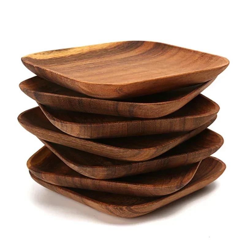 2Pcs Square Wooden Plates 6.5 Inch Acacia Wood Dinner Dish Plate Cake Dessert Plate Fruit Snack Serving Tray Kitchen Tableware